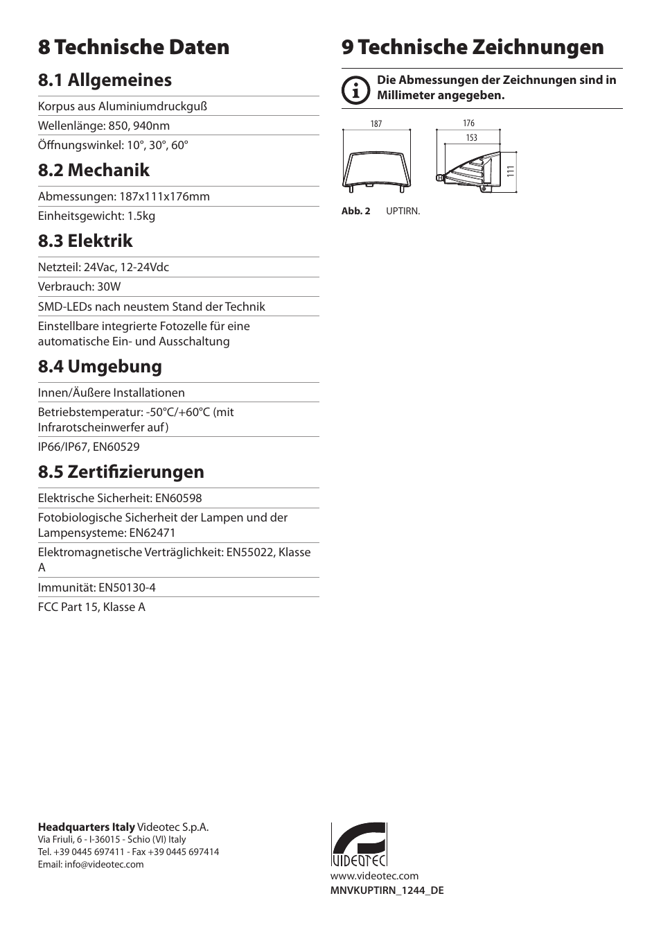 8 technische daten, 1 allgemeines, 2 mechanik | 3 elektrik, 4 umgebung, 5 zertifizierungen, 9 technische zeichnungen | Videotec UPTIRN User Manual | Page 18 / 20