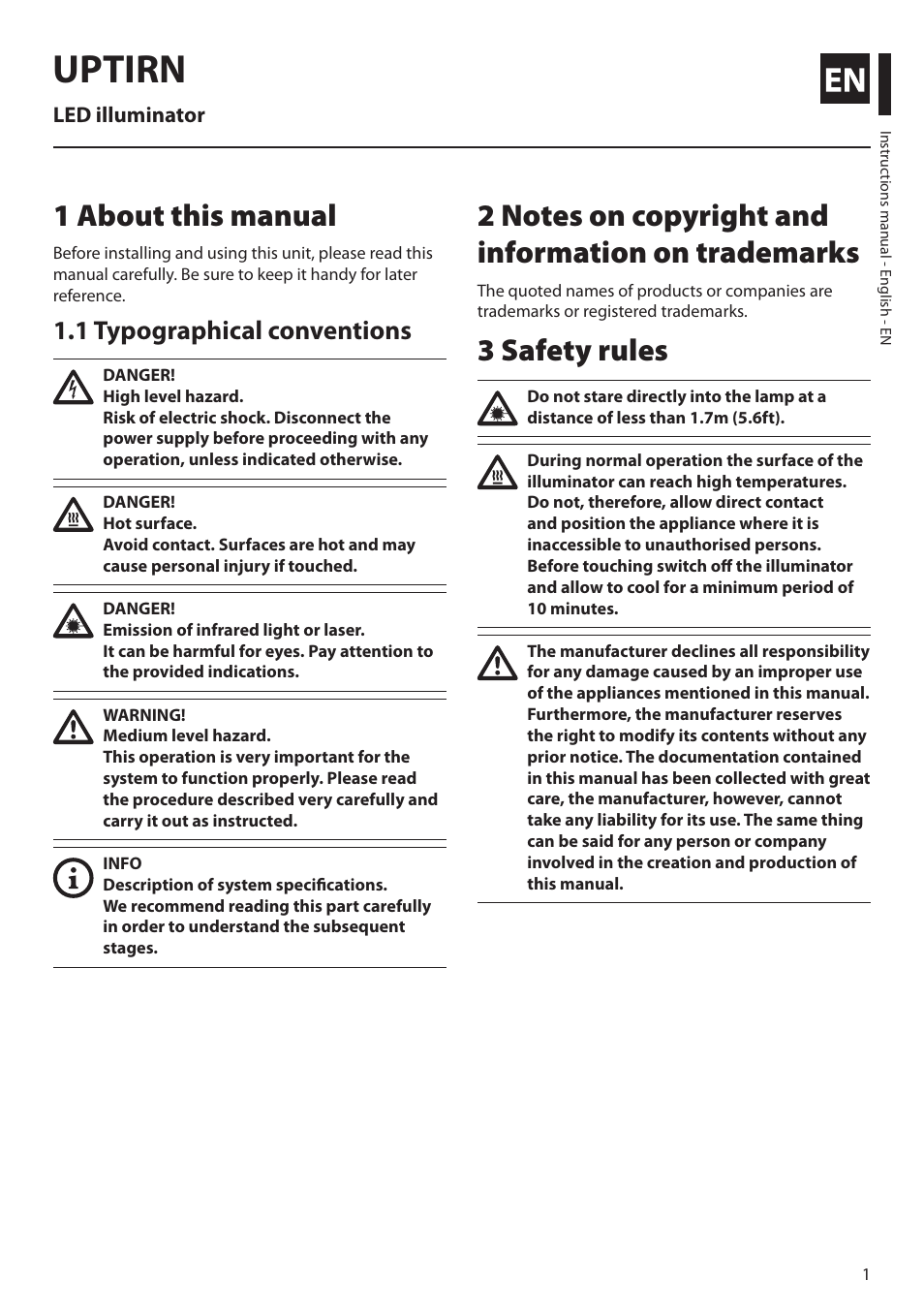 English, 1 about this manual, 1 typographical conventions | 2 notes on copyright and information on trademarks, 3 safety rules, Uptirn | Videotec UPTIRN User Manual | Page 3 / 20