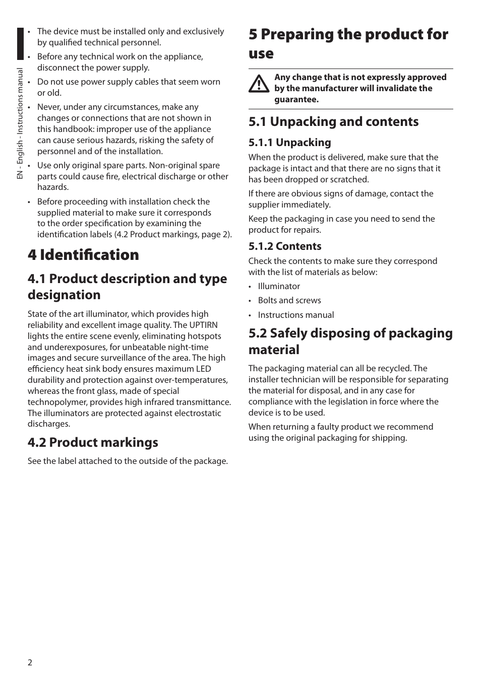 4 identification, 1 product description and type designation, 2 product markings | 5 preparing the product for use, 1 unpacking and contents, 1 unpacking, 2 contents, 2 safely disposing of packaging material | Videotec UPTIRN User Manual | Page 4 / 20