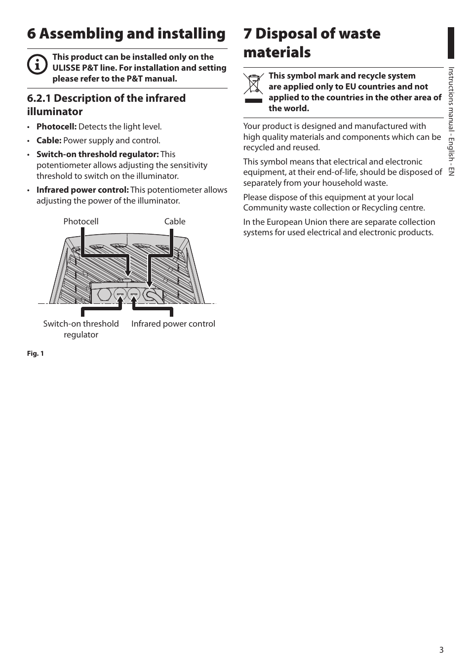 6 assembling and installing, 1 description of the infrared illuminator, 7 disposal of waste materials | Videotec UPTIRN User Manual | Page 5 / 20