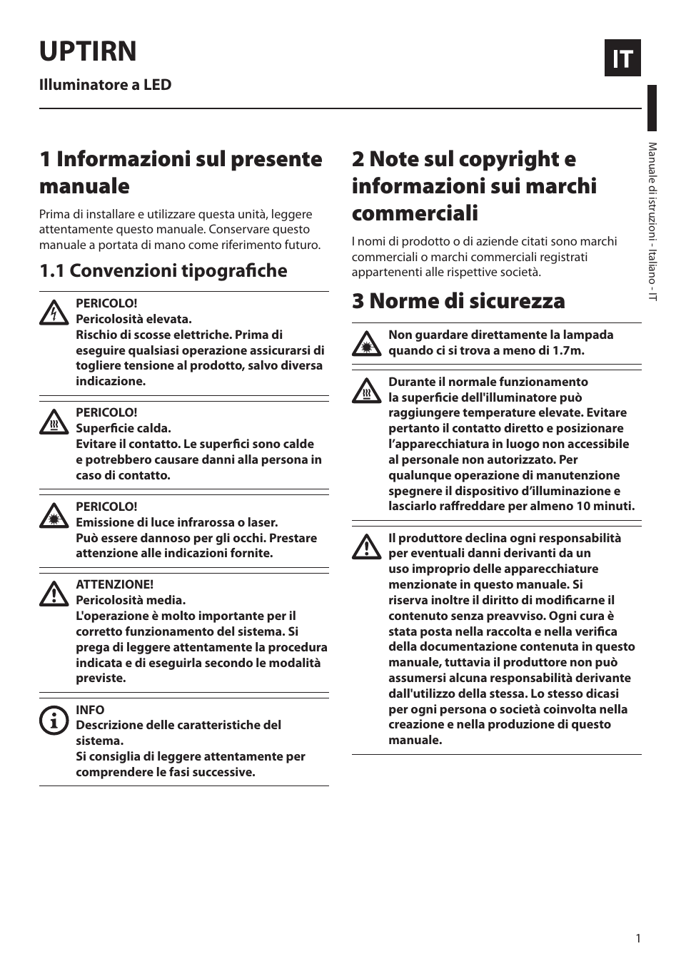 Italiano, 1 informazioni sul presente manuale, 1 convenzioni tipografiche | 3 norme di sicurezza, Uptirn | Videotec UPTIRN User Manual | Page 7 / 20