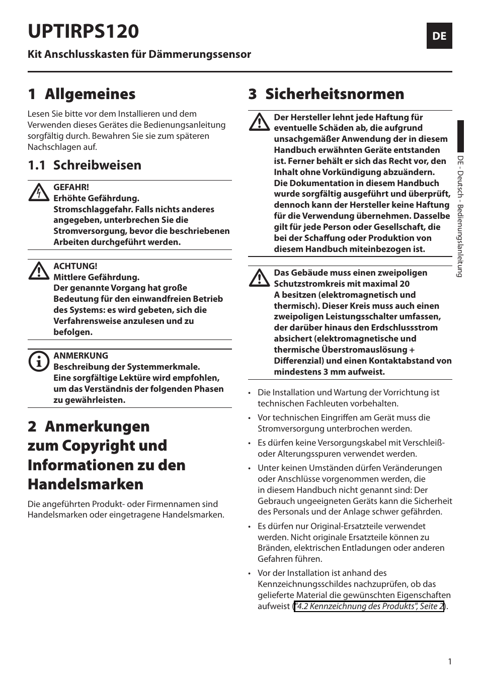Deutsch, 1 allgemeines, 1 schreibweisen | 3 sicherheitsnormen, Uptirps120 | Videotec UPTIRPS120 User Manual | Page 21 / 28