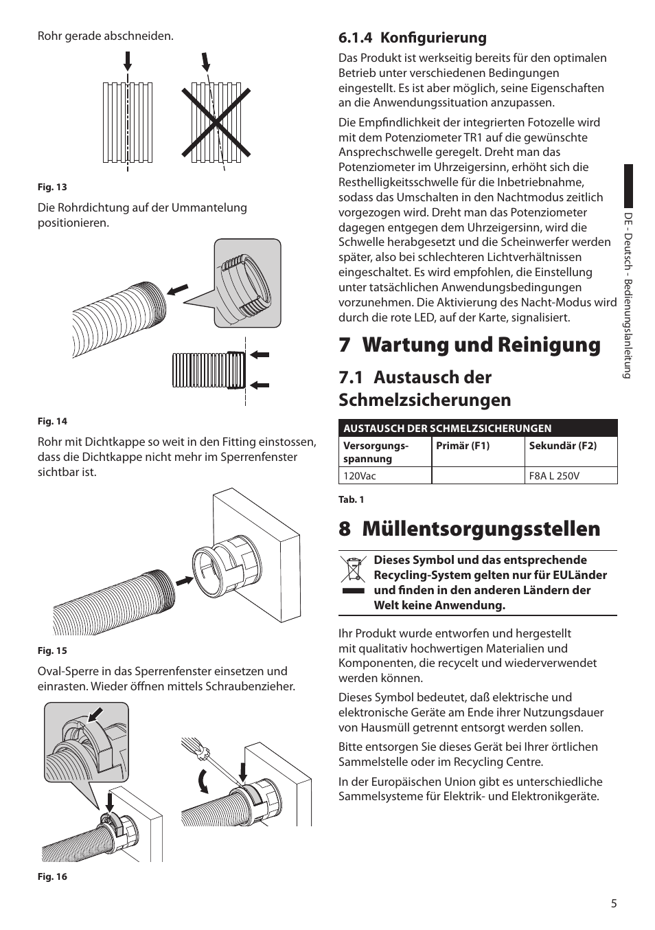 4 konfigurierung, 7 wartung und reinigung, 1 austausch der schmelzsicherungen | 8 müllentsorgungsstellen | Videotec UPTIRPS120 User Manual | Page 25 / 28