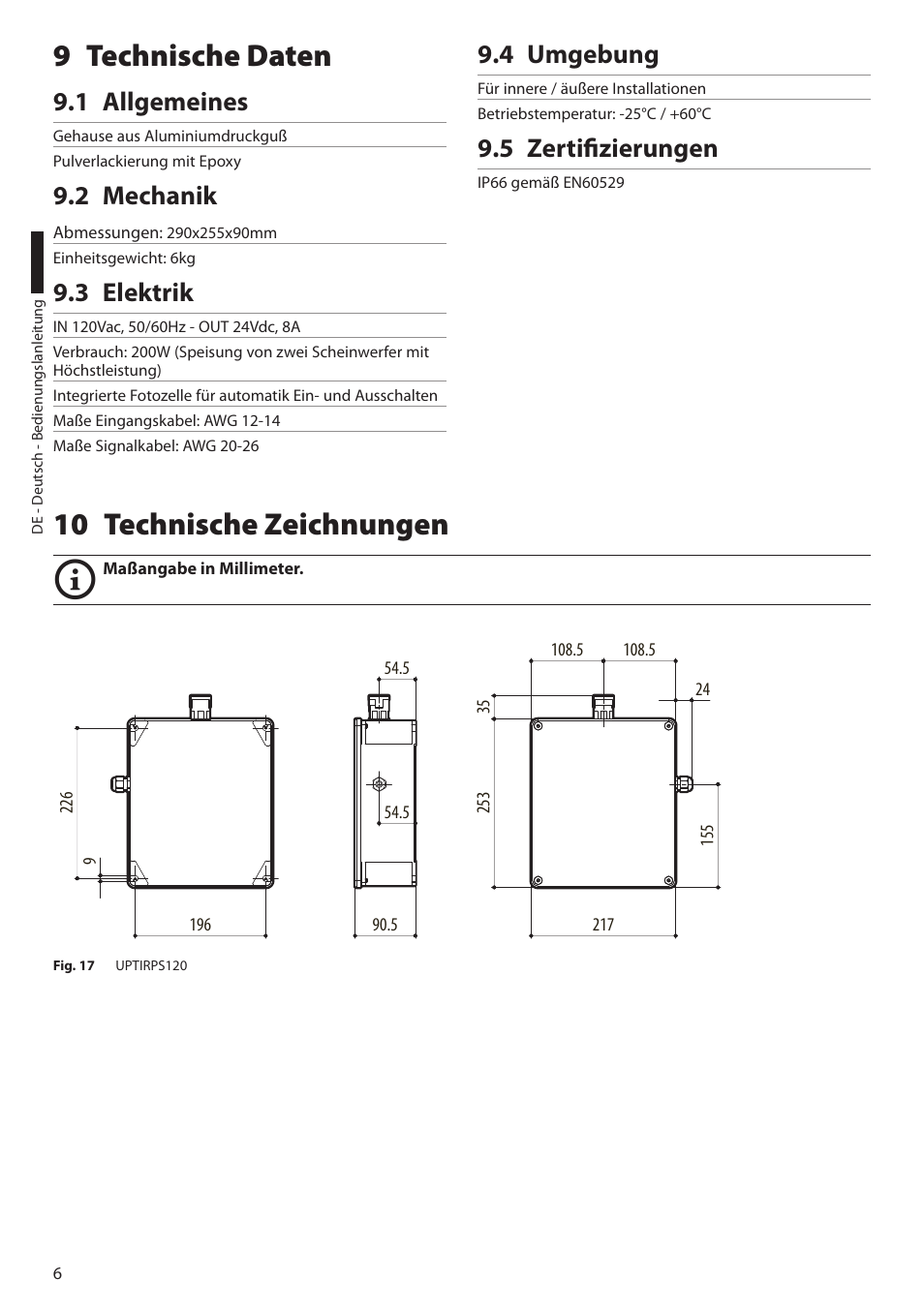 9 technische daten, 1 allgemeines, 2 mechanik | 3 elektrik, 4 umgebung, 5 zertifizierungen, 10 technische zeichnungen | Videotec UPTIRPS120 User Manual | Page 26 / 28