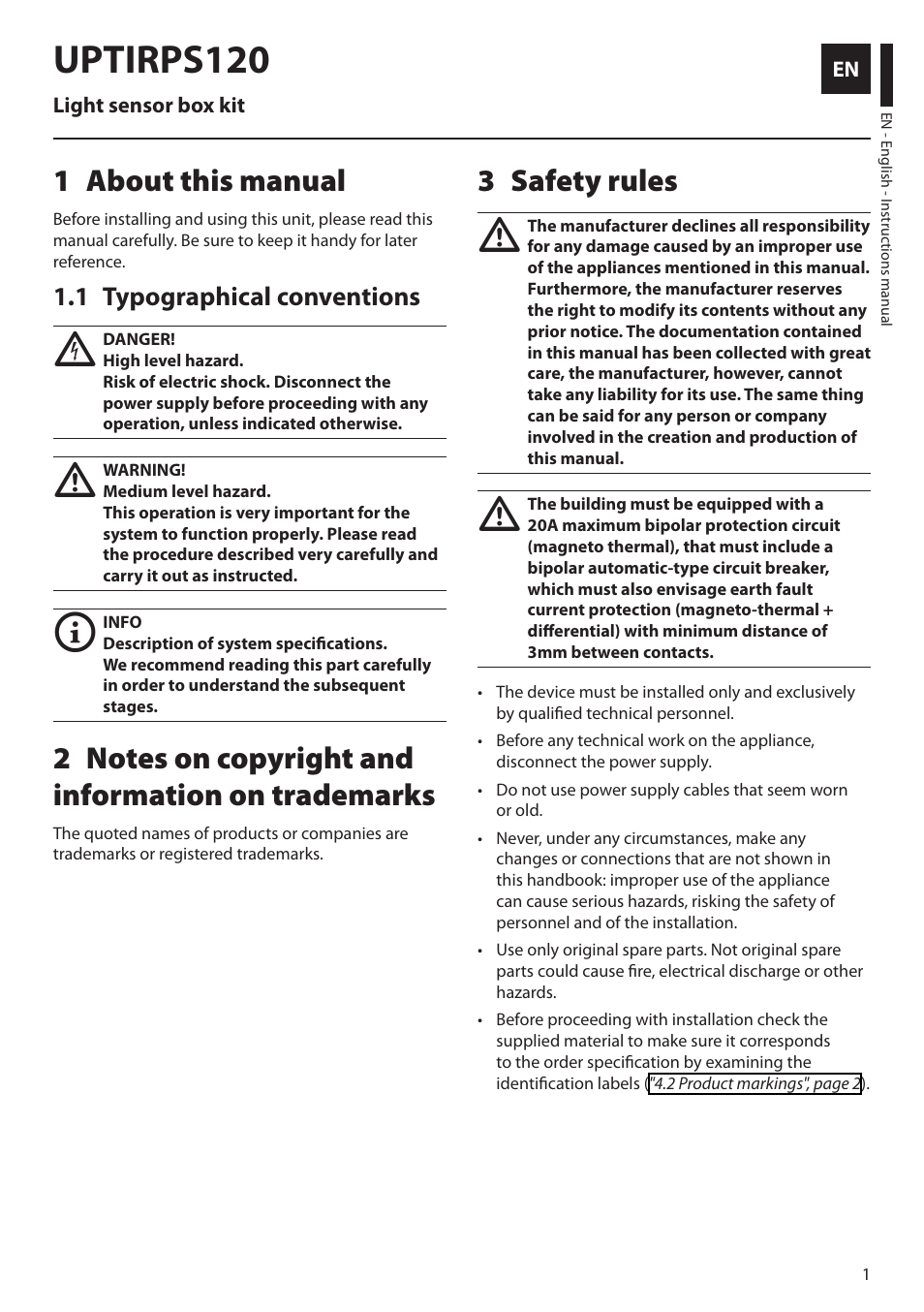 English, 1 about this manual, 1 typographical conventions | 2 notes on copyright and information on trademarks, 3 safety rules, Uptirps120 | Videotec UPTIRPS120 User Manual | Page 3 / 28