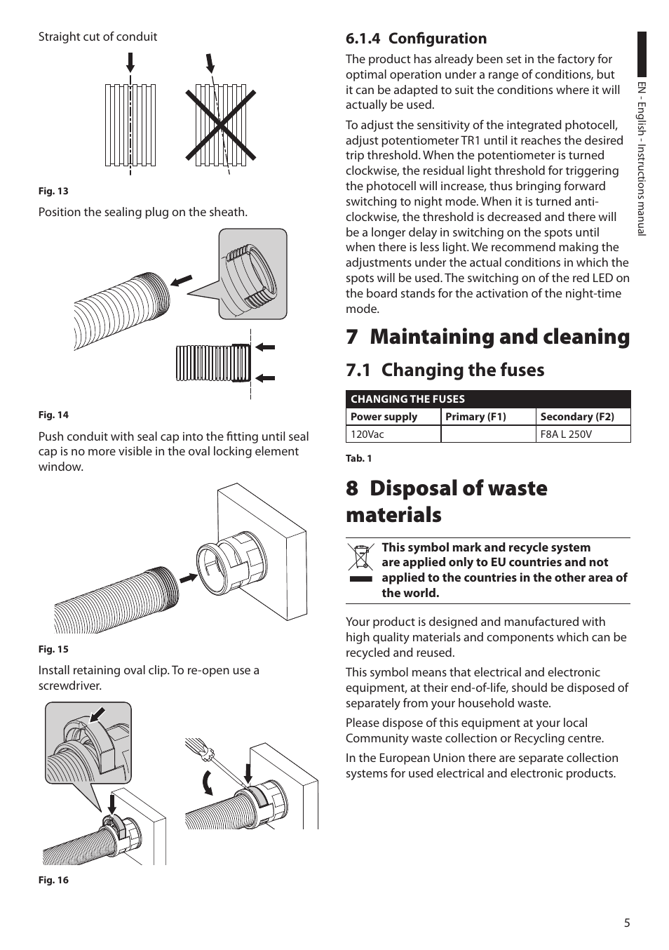 4 configuration, 7 maintaining and cleaning, 1 changing the fuses | 8 disposal of waste materials | Videotec UPTIRPS120 User Manual | Page 7 / 28