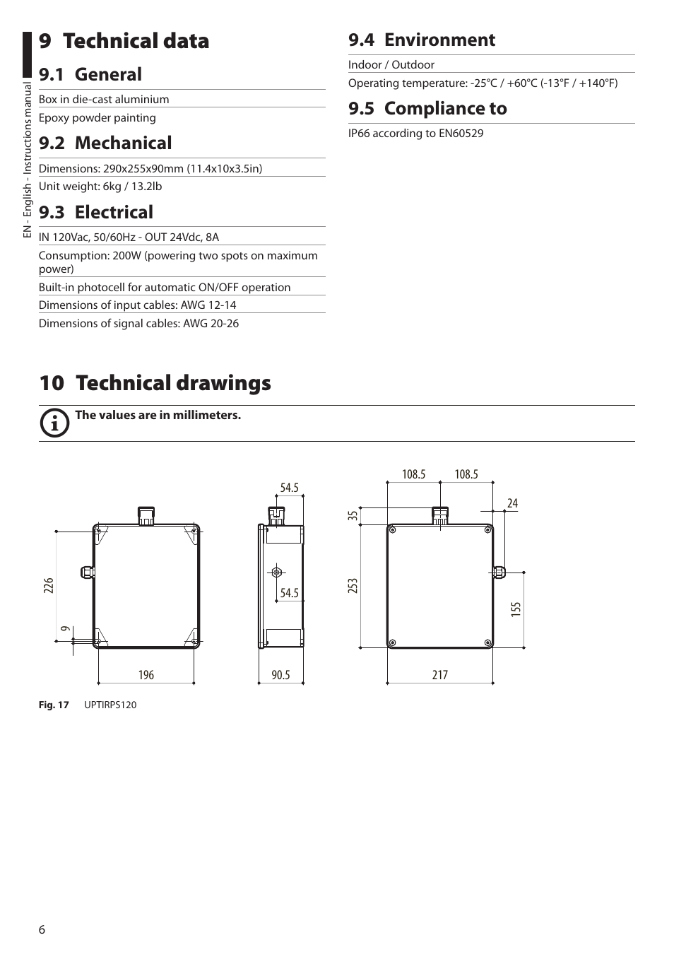 9 technical data, 1 general, 2 mechanical | 3 electrical, 4 environment, 5 compliance to, 10 technical drawings | Videotec UPTIRPS120 User Manual | Page 8 / 28