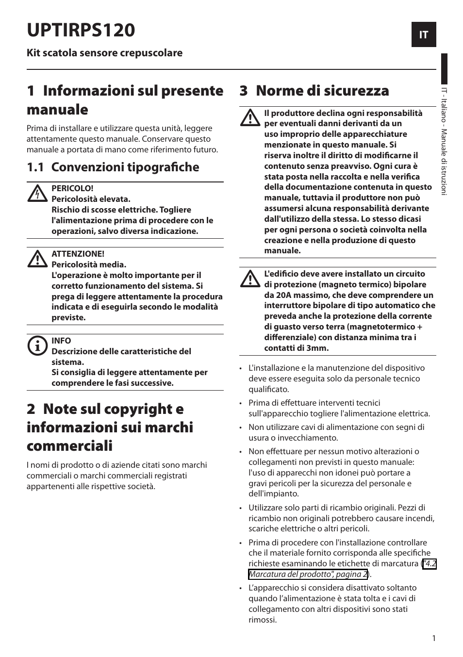 Italiano, 1 informazioni sul presente manuale, 1 convenzioni tipografiche | 3 norme di sicurezza, Uptirps120 | Videotec UPTIRPS120 User Manual | Page 9 / 28