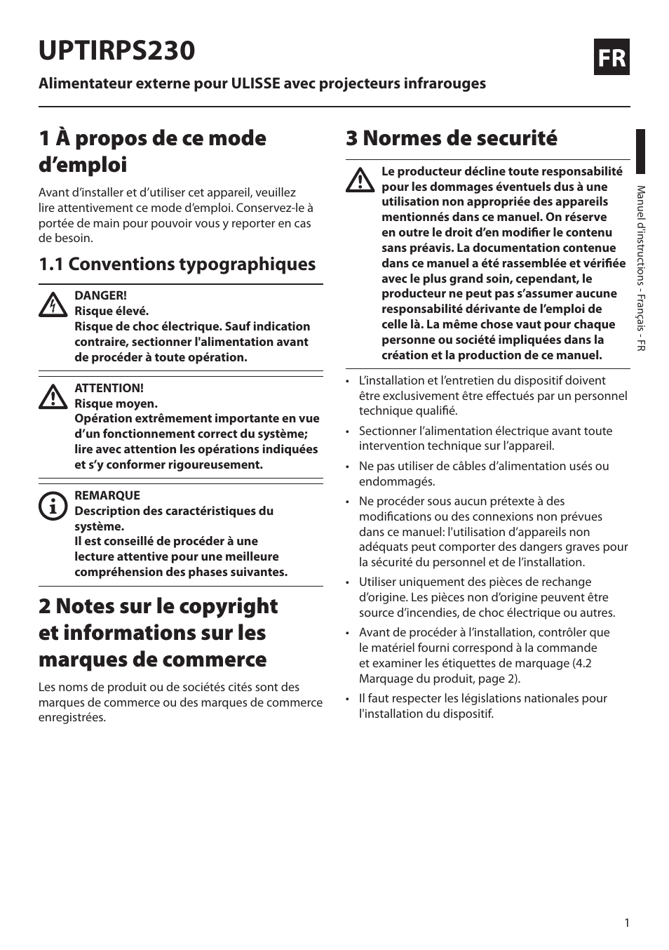 Français, 1 à propos de ce mode d’emploi, 1 conventions typographiques | 3 normes de securité, Uptirps230 | Videotec UPTIRPS230 User Manual | Page 15 / 28