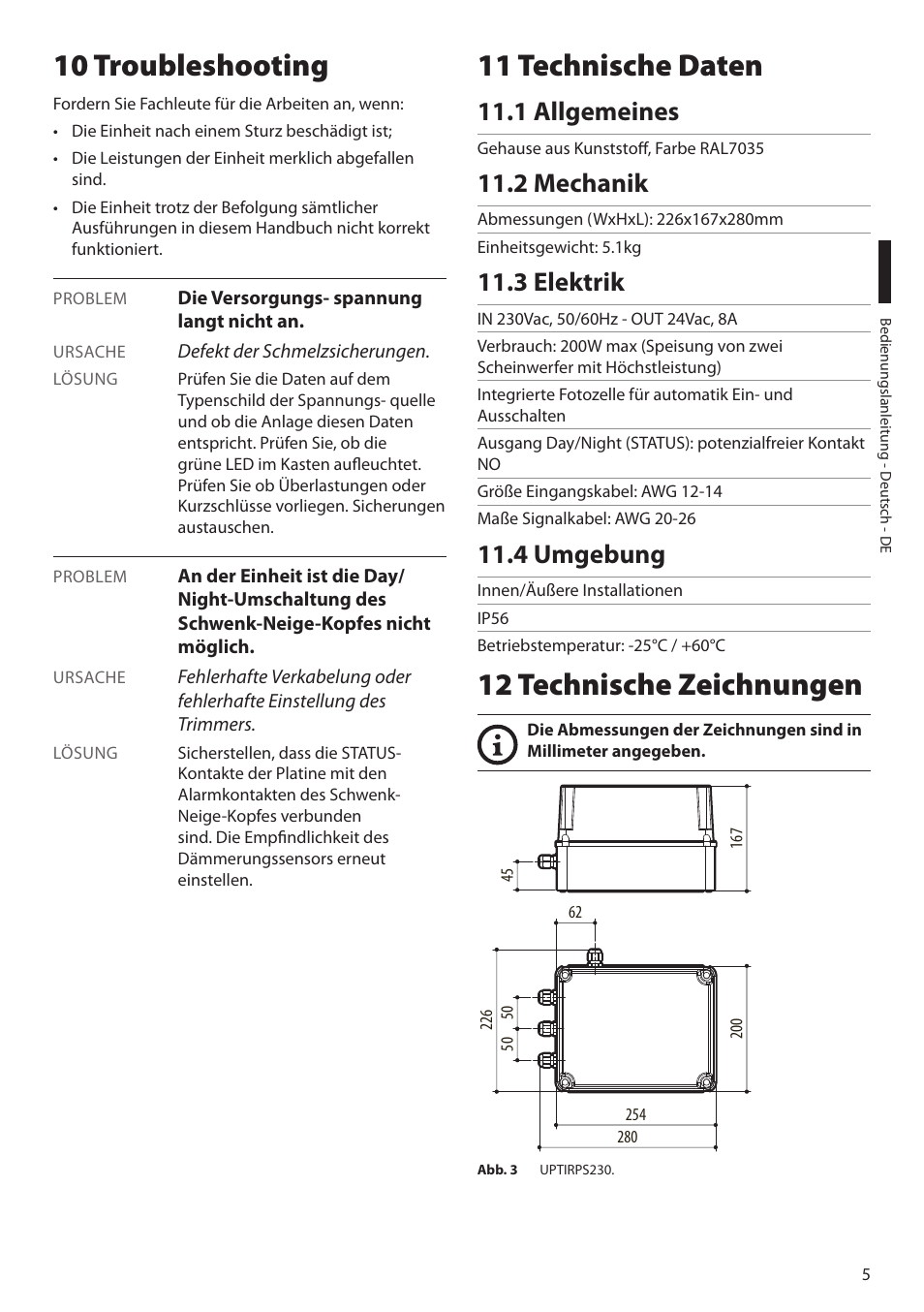 10 troubleshooting, 11 technische daten, 1 allgemeines | 2 mechanik, 3 elektrik, 4 umgebung, 12 technische zeichnungen | Videotec UPTIRPS230 User Manual | Page 25 / 28