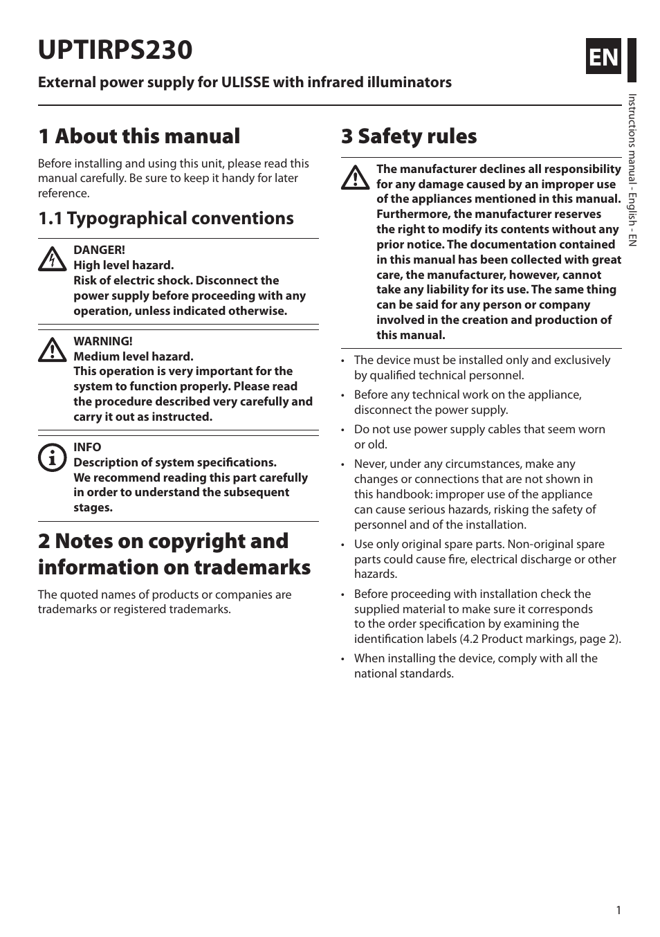 English, 1 about this manual, 1 typographical conventions | 2 notes on copyright and information on trademarks, 3 safety rules, Uptirps230 | Videotec UPTIRPS230 User Manual | Page 3 / 28