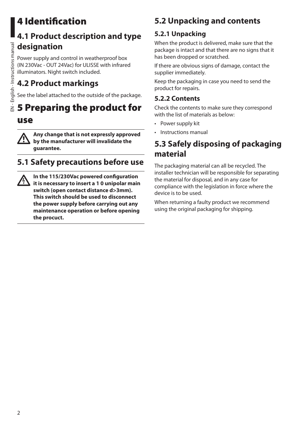 4 identification, 1 product description and type designation, 2 product markings | 5 preparing the product for use, 1 safety precautions before use, 2 unpacking and contents, 1 unpacking, 2 contents, 3 safely disposing of packaging material | Videotec UPTIRPS230 User Manual | Page 4 / 28