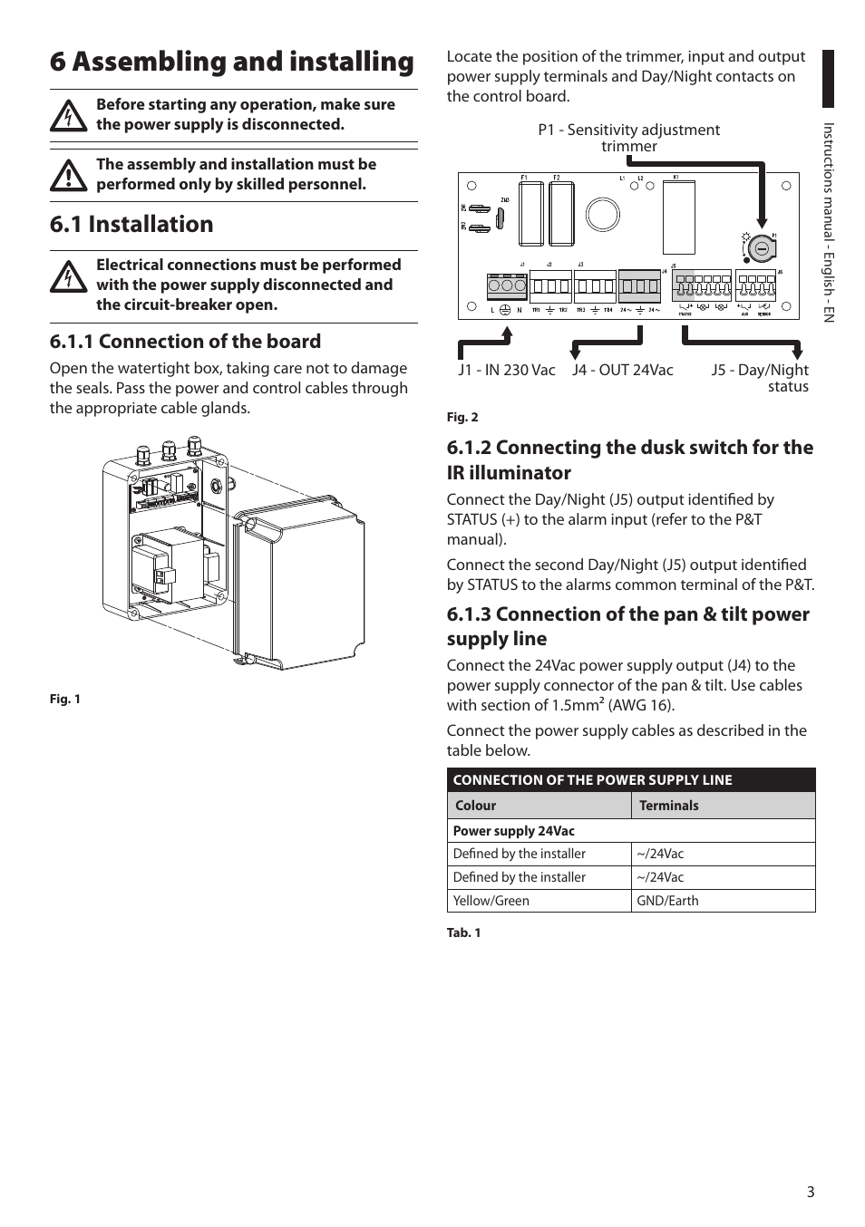 6 assembling and installing, 1 installation, 1 connection of the board | 3 connection of the pan & tilt power supply line | Videotec UPTIRPS230 User Manual | Page 5 / 28