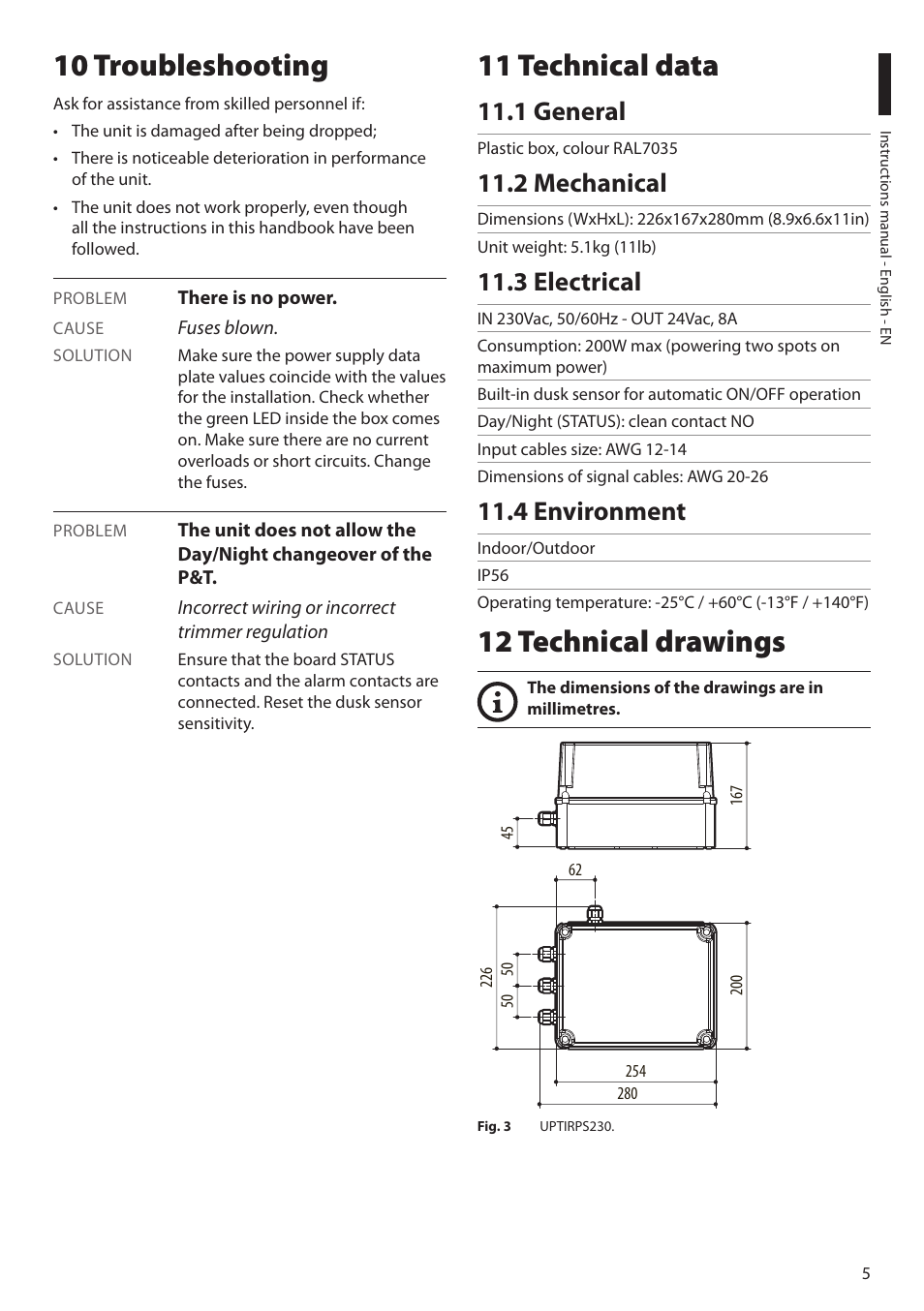 10 troubleshooting, 11 technical data, 1 general | 2 mechanical, 3 electrical, 4 environment, 12 technical drawings | Videotec UPTIRPS230 User Manual | Page 7 / 28