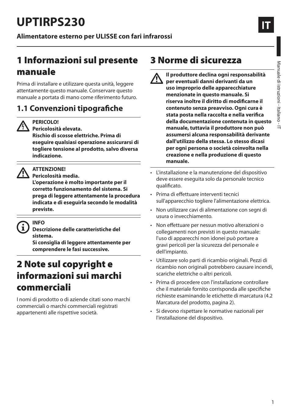 Italiano, 1 informazioni sul presente manuale, 1 convenzioni tipografiche | 3 norme di sicurezza, Uptirps230 | Videotec UPTIRPS230 User Manual | Page 9 / 28