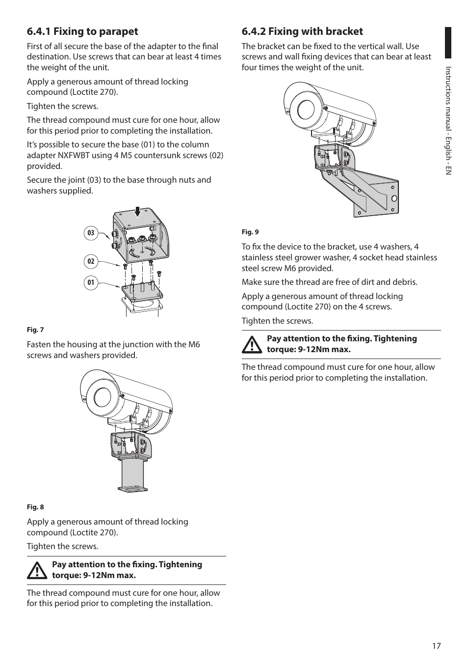 1 fixing to parapet, 2 fixing with bracket, 1 fixing to parapet 6.4.2 fixing with bracket | Videotec MAXIMUS MHXT User Manual | Page 17 / 46