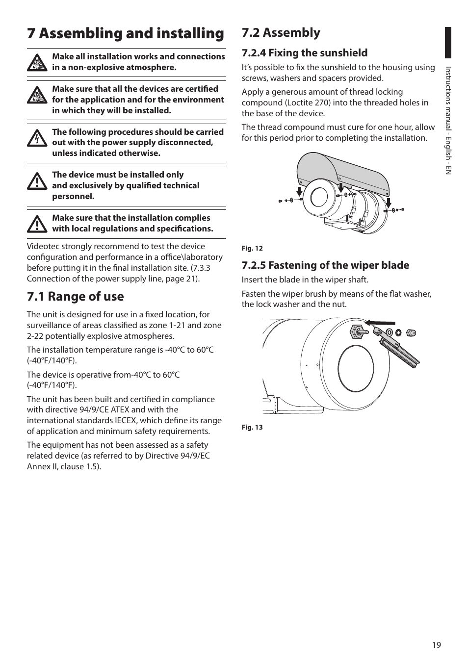 7 assembling and installing, 1 range of use, 2 assembly | 4 fixing the sunshield, 5 fastening of the wiper blade, 1 range of use 7.2 assembly | Videotec MAXIMUS MHXT User Manual | Page 19 / 46