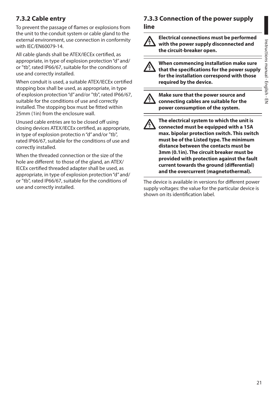 2 cable entry, 3 connection of the power supply line | Videotec MAXIMUS MHXT User Manual | Page 21 / 46