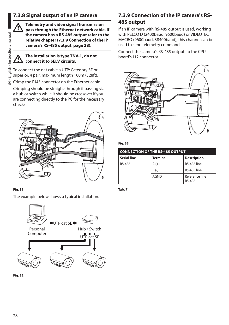 8 signal output of an ip camera, 9 connection of the ip camera's rs-485 output, 9 connection of the ip camera's rs- 485 output | Videotec MAXIMUS MHXT User Manual | Page 28 / 46