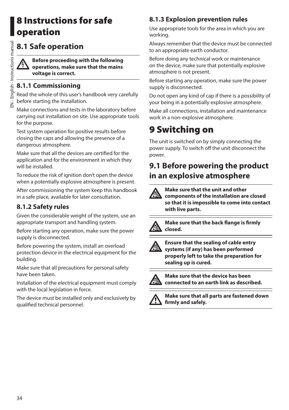 8 instructions for safe operation, 1 safe operation, 1 commissioning | 2 safety rules, 3 explosion prevention rules, 9 switching on | Videotec MAXIMUS MHXT User Manual | Page 34 / 46