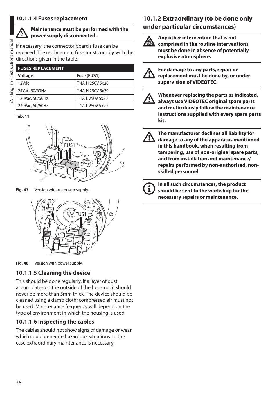 4 fuses replacement, 5 cleaning the device, 6 inspecting the cables | Videotec MAXIMUS MHXT User Manual | Page 36 / 46