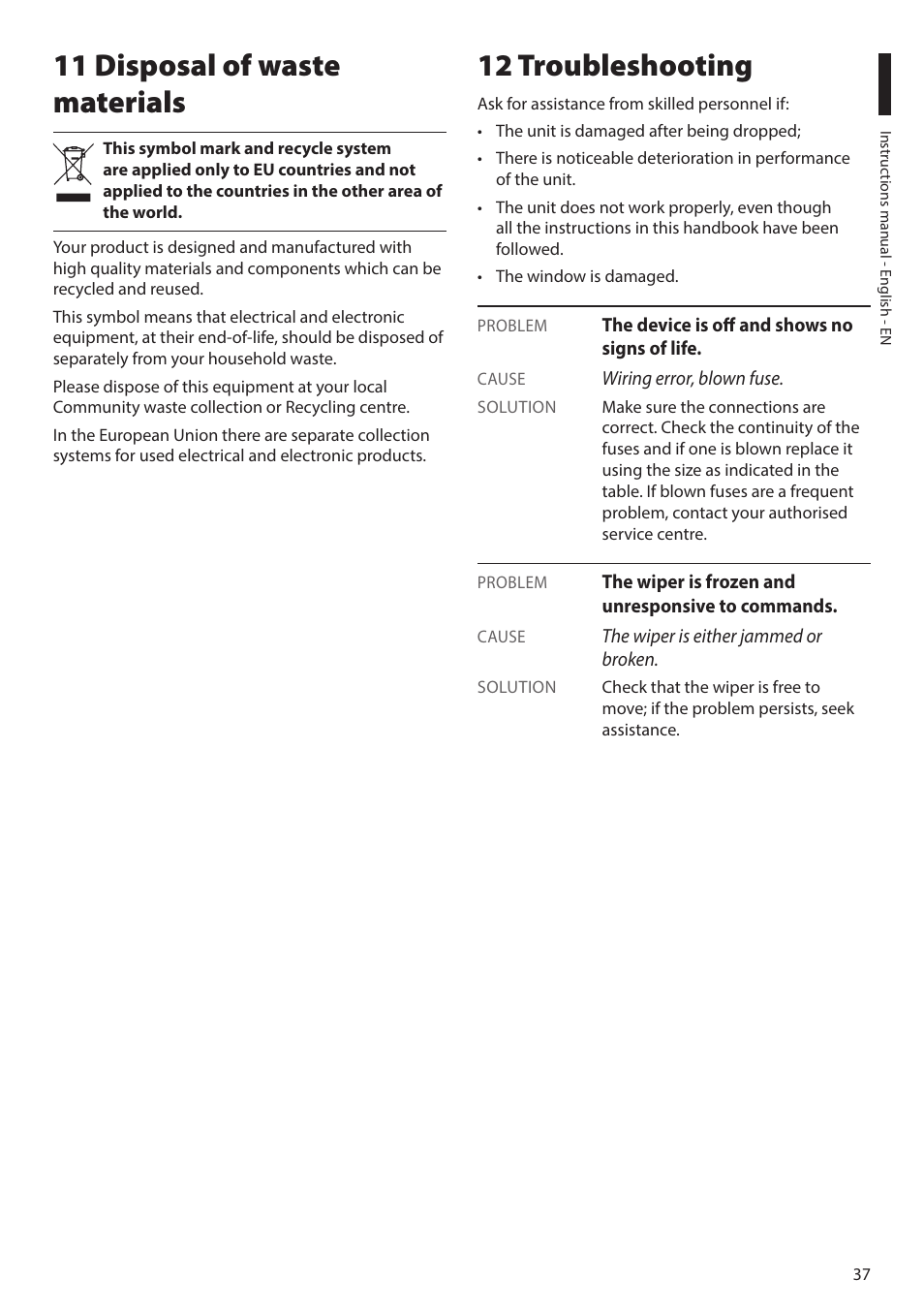 11 disposal of waste materials, 12 troubleshooting, 11 disposal of waste materials 12 troubleshooting | Videotec MAXIMUS MHXT User Manual | Page 37 / 46