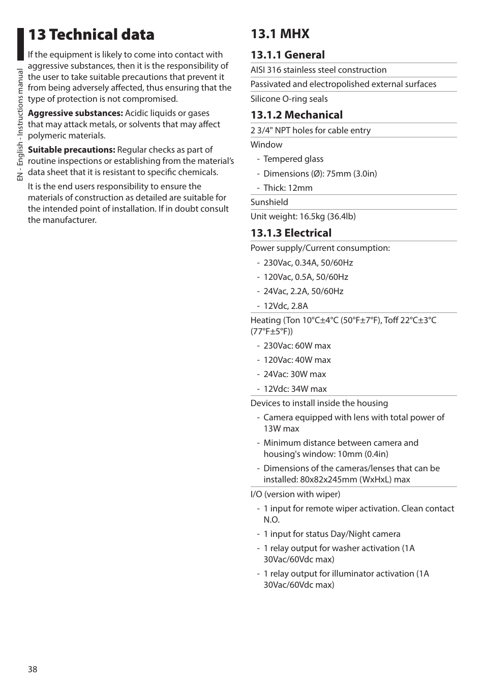 13 technical data, 1 mhx, 1 general | 2 mechanical, 3 electrical, 1 general 13.1.2 mechanical 13.1.3 electrical | Videotec MAXIMUS MHXT User Manual | Page 38 / 46