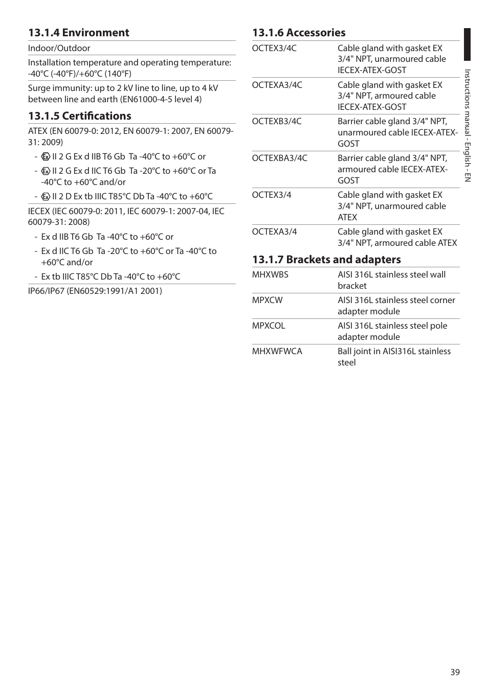 4 environment, 5 certifications, 6 accessories | 7 brackets and adapters | Videotec MAXIMUS MHXT User Manual | Page 39 / 46