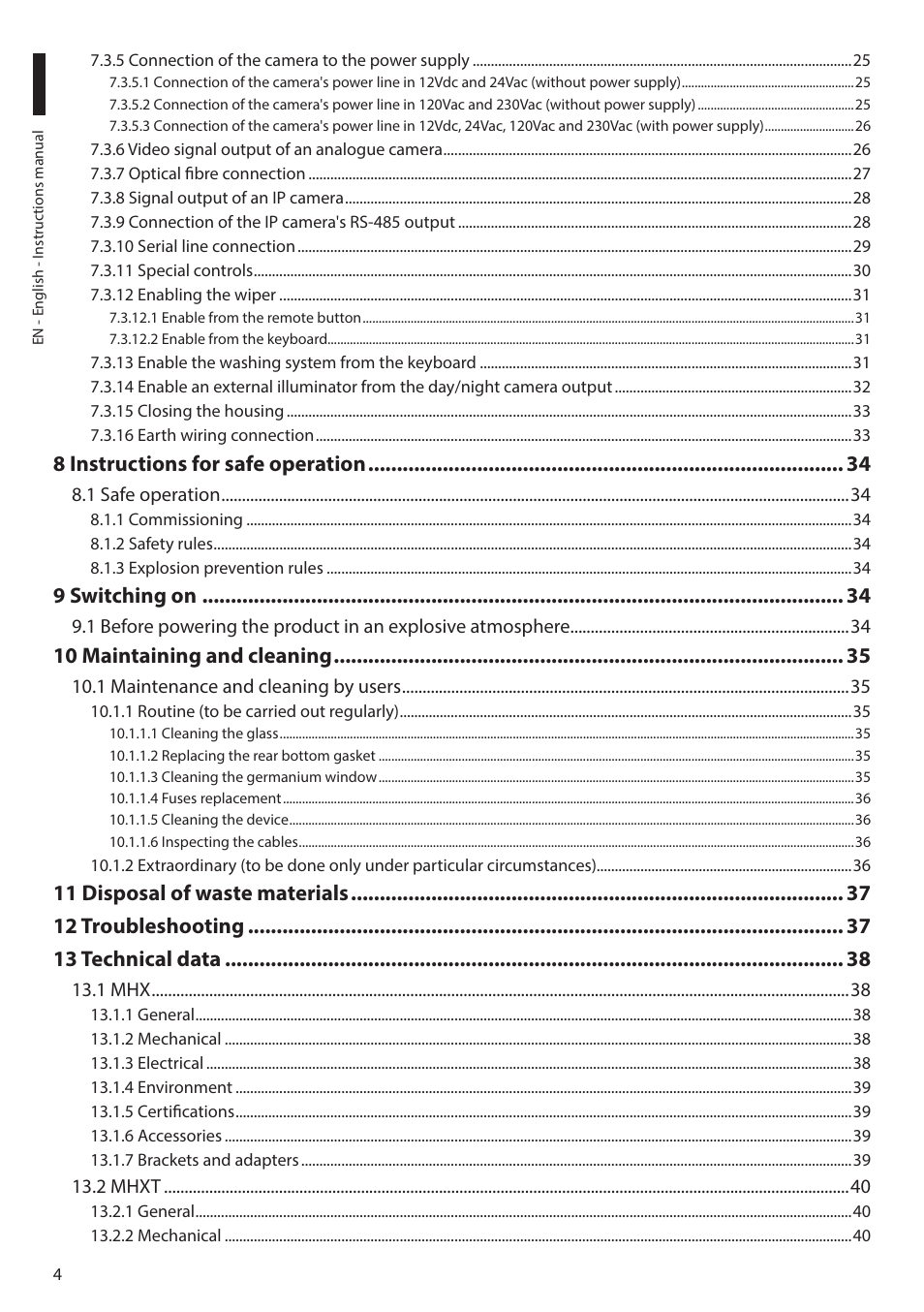 8 instructions for safe operation, 9 switching on, 10 maintaining and cleaning | Videotec MAXIMUS MHXT User Manual | Page 4 / 46