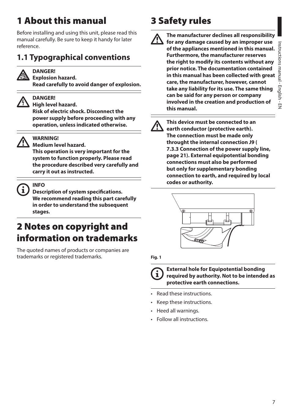 1 about this manual, 1 typographical conventions, 2 notes on copyright and information on trademarks | 3 safety rules | Videotec MAXIMUS MHXT User Manual | Page 7 / 46