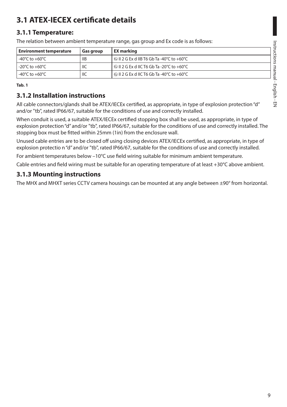 1 atex-iecex certificate details, 1 temperature, 2 installation instructions | 3 mounting instructions | Videotec MAXIMUS MHXT User Manual | Page 9 / 46