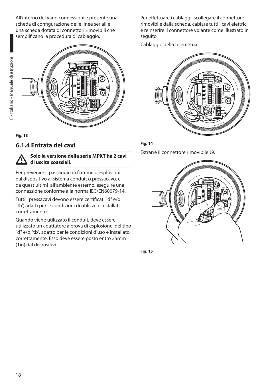 4 entrata dei cavi, Estrarre il connettore rimovibile j9, It - i taliano - m anuale di istruzioni | Fig. 13, Fig. 14, Fig. 15 | Videotec MAXIMUS MPXT User Manual | Page 110 / 454
