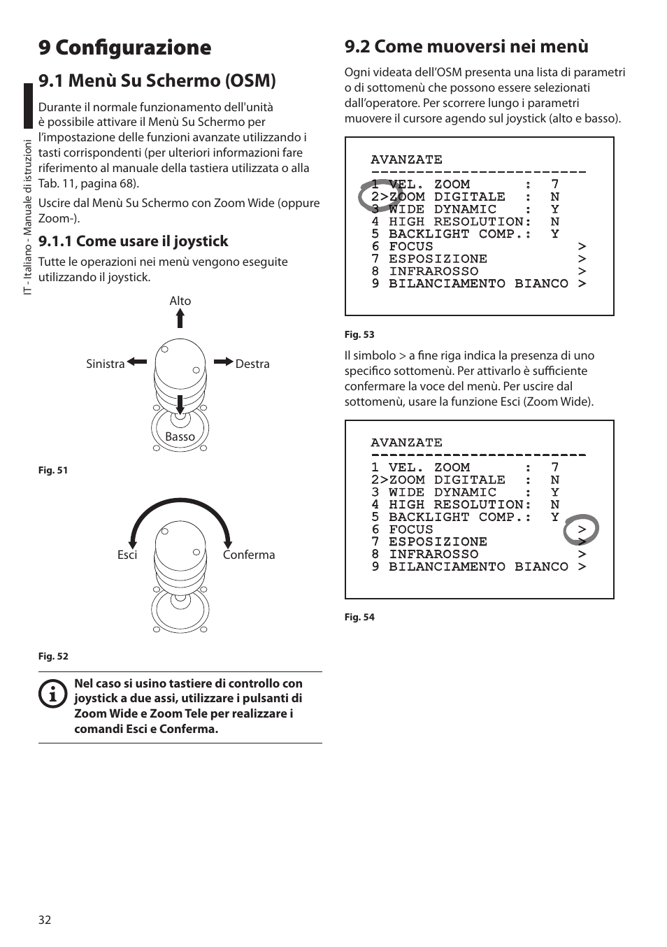 9 configurazione, 1 menù su schermo (osm), 1 come usare il joystick | 2 come muoversi nei menù | Videotec MAXIMUS MPXT User Manual | Page 124 / 454