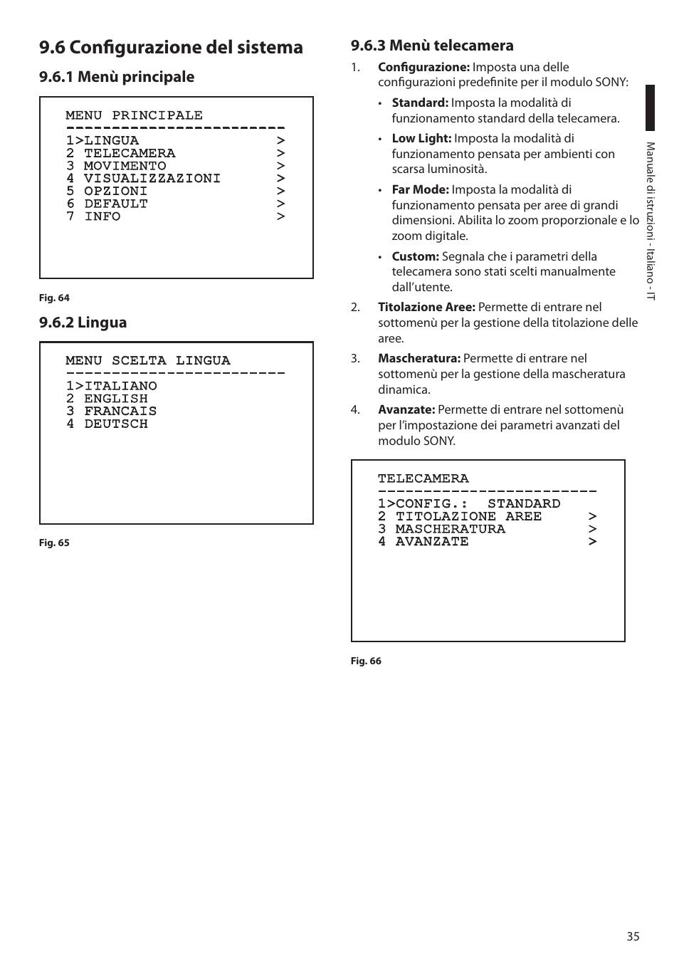 6 configurazione del sistema, 1 menù principale, 2 lingua | 3 menù telecamera | Videotec MAXIMUS MPXT User Manual | Page 127 / 454