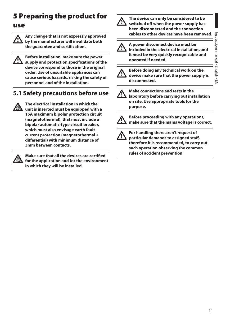 5 preparing the product for use, 1 safety precautions before use | Videotec MAXIMUS MPXT User Manual | Page 13 / 454
