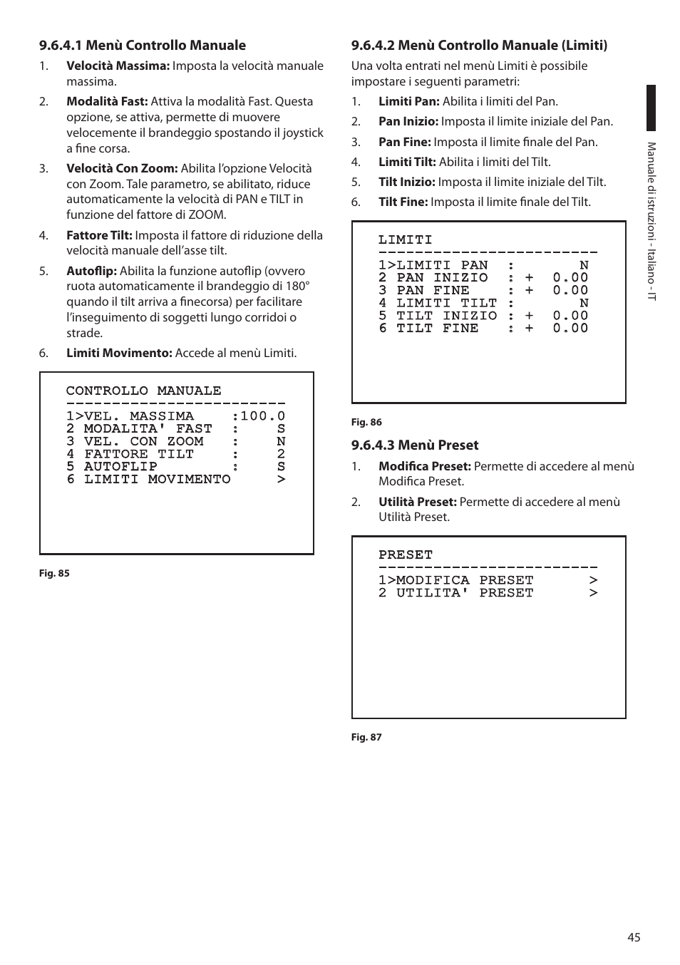 1 menù controllo manuale, 2 menù controllo manuale (limiti), 3 menù preset | Videotec MAXIMUS MPXT User Manual | Page 137 / 454