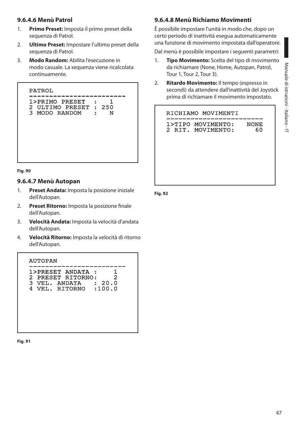 6 menù patrol, 7 menù autopan, 8 menù richiamo movimenti | Videotec MAXIMUS MPXT User Manual | Page 139 / 454