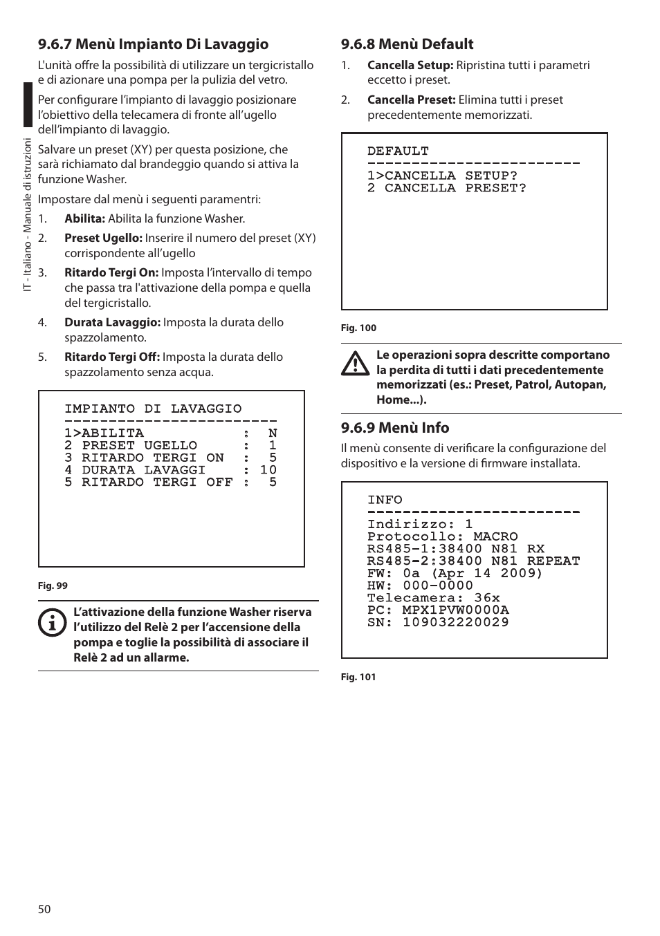 7 menù impianto di lavaggio, 8 menù default, 9 menù info | Videotec MAXIMUS MPXT User Manual | Page 142 / 454