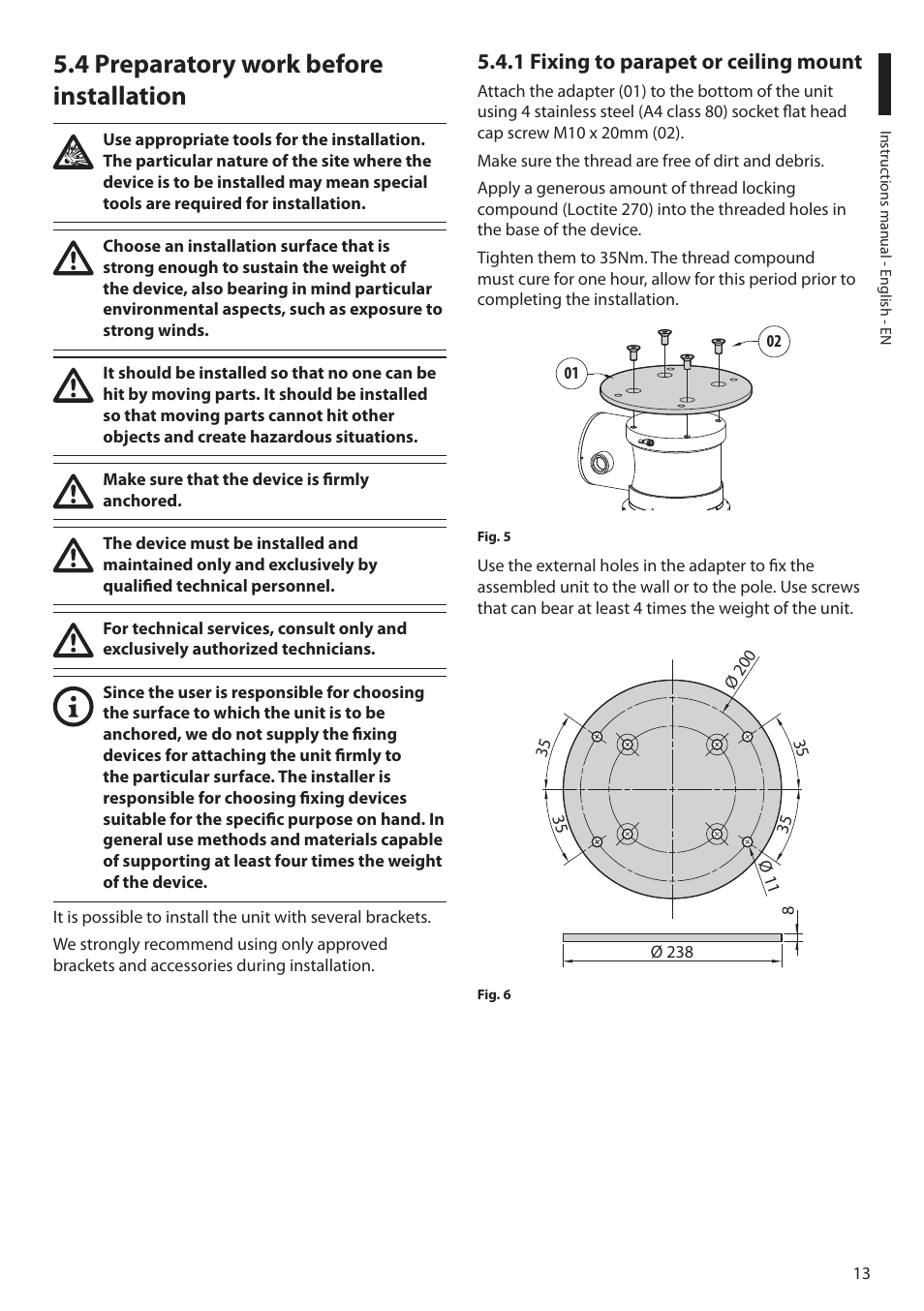 4 preparatory work before installation, 1 fixing to parapet or ceiling mount | Videotec MAXIMUS MPXT User Manual | Page 15 / 454