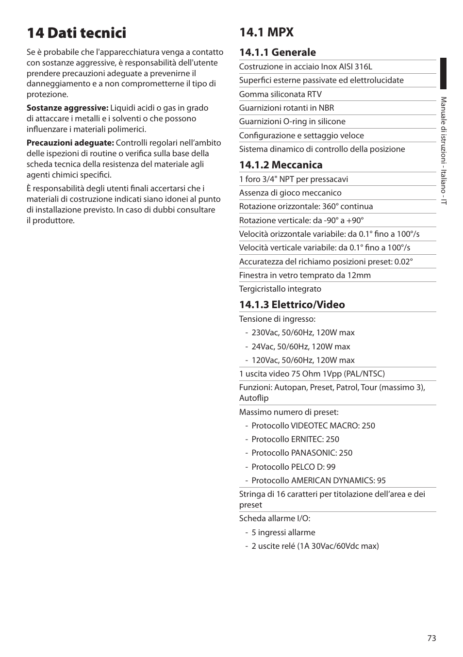 14 dati tecnici, 1 mpx, 1 generale | 2 meccanica, 3 elettrico/video, 2 meccanica 14.1.3 elettrico/video | Videotec MAXIMUS MPXT User Manual | Page 165 / 454