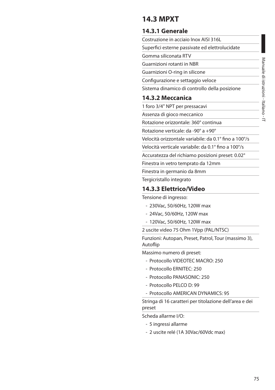 3 mpxt, 1 generale, 2 meccanica | 3 elettrico/video, 1 generale 14.3.2 meccanica 14.3.3 elettrico/video | Videotec MAXIMUS MPXT User Manual | Page 167 / 454