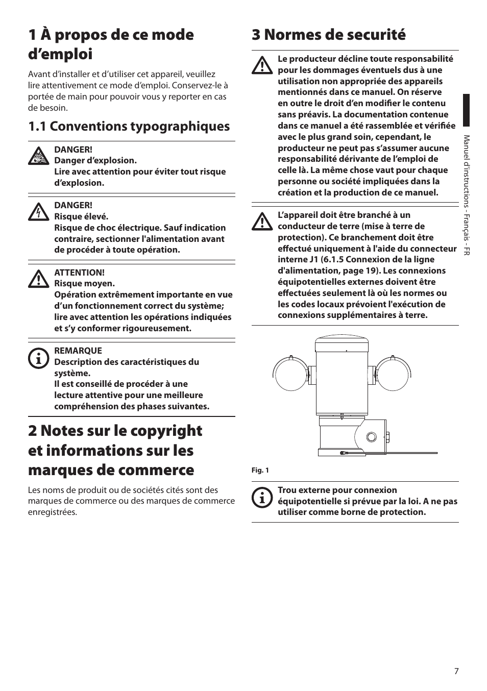 1 à propos de ce mode d’emploi, 1 conventions typographiques, 3 normes de securité | Videotec MAXIMUS MPXT User Manual | Page 189 / 454