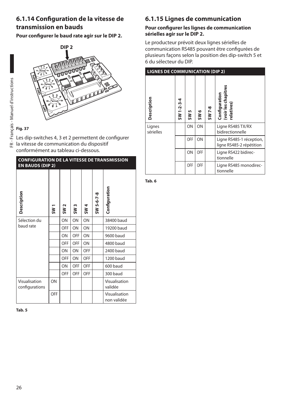 15 lignes de communication, Pour configurer le baud rate agir sur le dip 2, Dip 2 | Videotec MAXIMUS MPXT User Manual | Page 208 / 454
