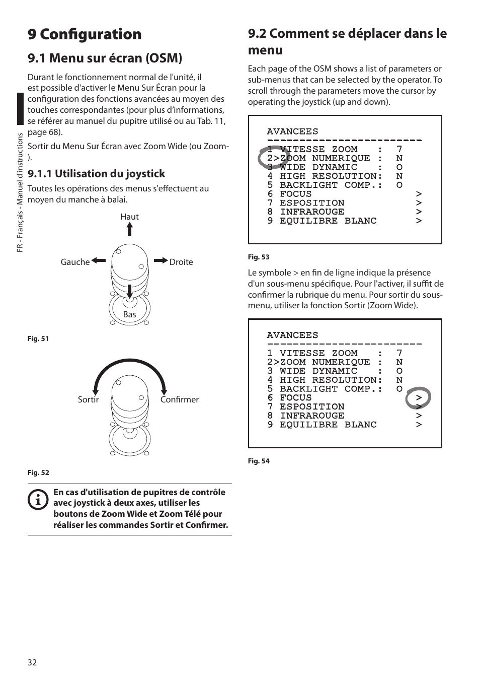 9 configuration, 1 menu sur écran (osm), 1 utilisation du joystick | 2 comment se déplacer dans le menu | Videotec MAXIMUS MPXT User Manual | Page 214 / 454