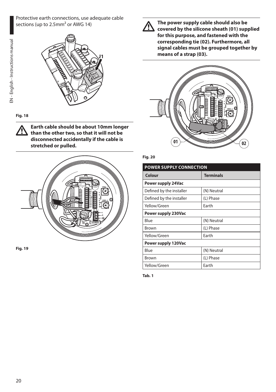 En - english - i nstruc tions manual, Fig. 18, Fig. 19 | Fig. 20, Tab. 1 | Videotec MAXIMUS MPXT User Manual | Page 22 / 454