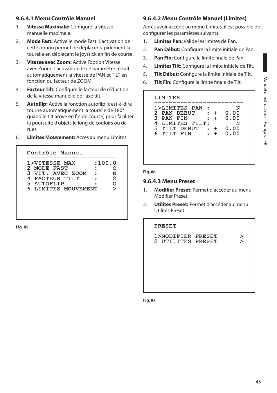 1 menu contrôle manuel, 2 menu contrôle manuel (limites), 3 menu preset | Videotec MAXIMUS MPXT User Manual | Page 227 / 454