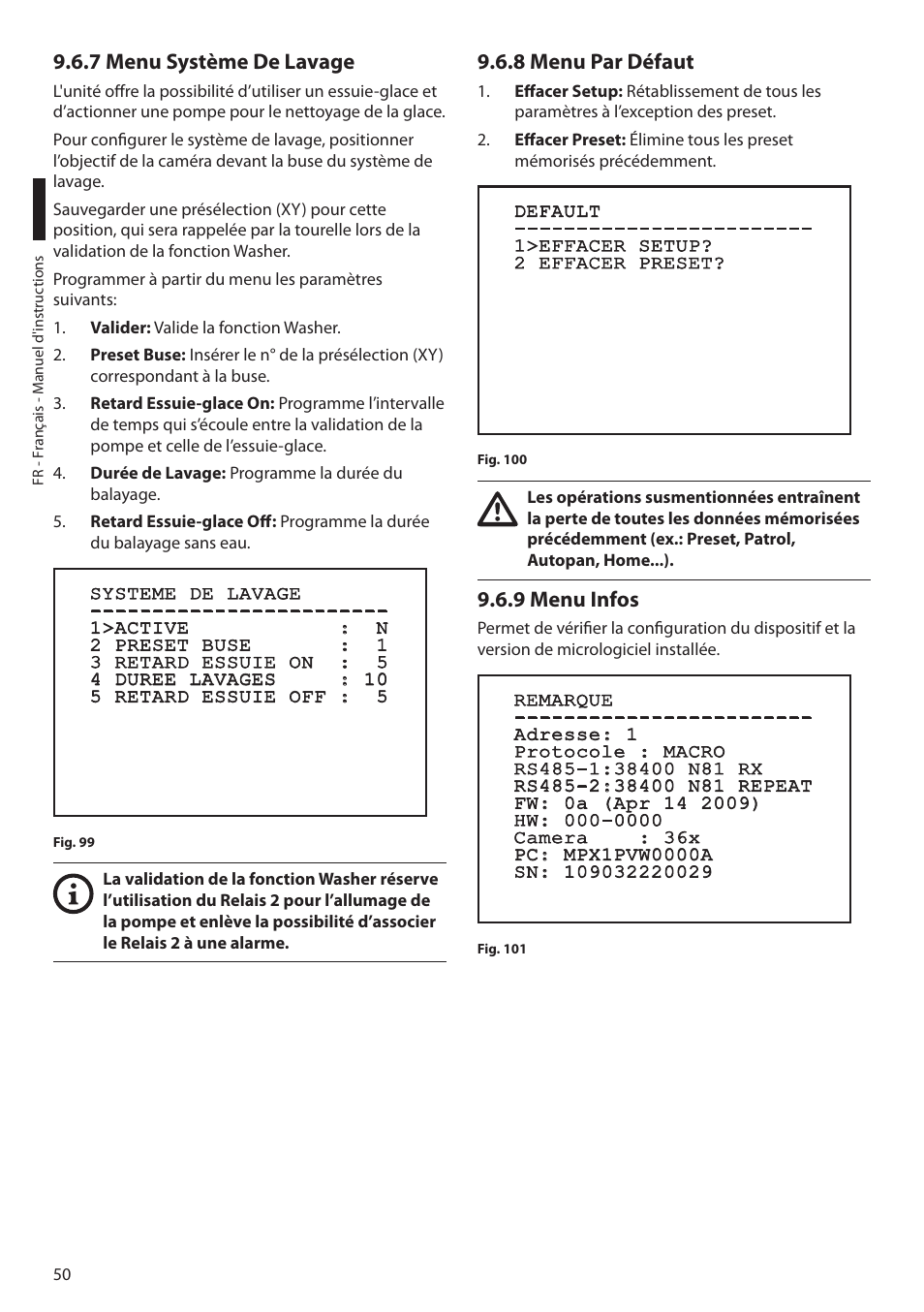 7 menu système de lavage, 8 menu par défaut, 9 menu infos | Videotec MAXIMUS MPXT User Manual | Page 232 / 454