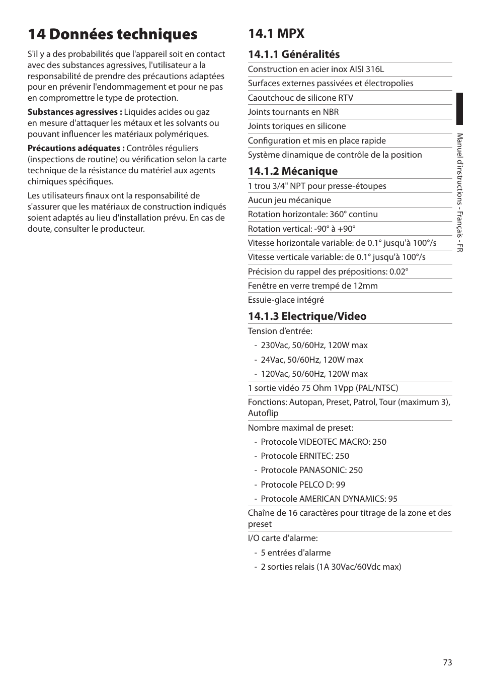 14 données techniques, 1 mpx, 1 généralités | 2 mécanique, 3 electrique/video, 2 mécanique 14.1.3 electrique/video | Videotec MAXIMUS MPXT User Manual | Page 255 / 454