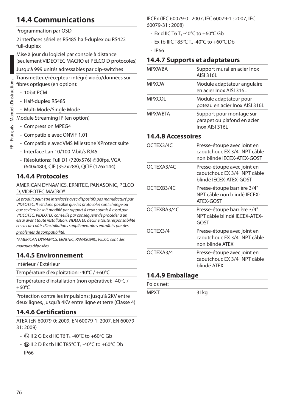 4 communications, 4 protocoles, 5 environnement | 6 certifications, 7 supports et adaptateurs, 8 accessoires, 9 emballage | Videotec MAXIMUS MPXT User Manual | Page 258 / 454