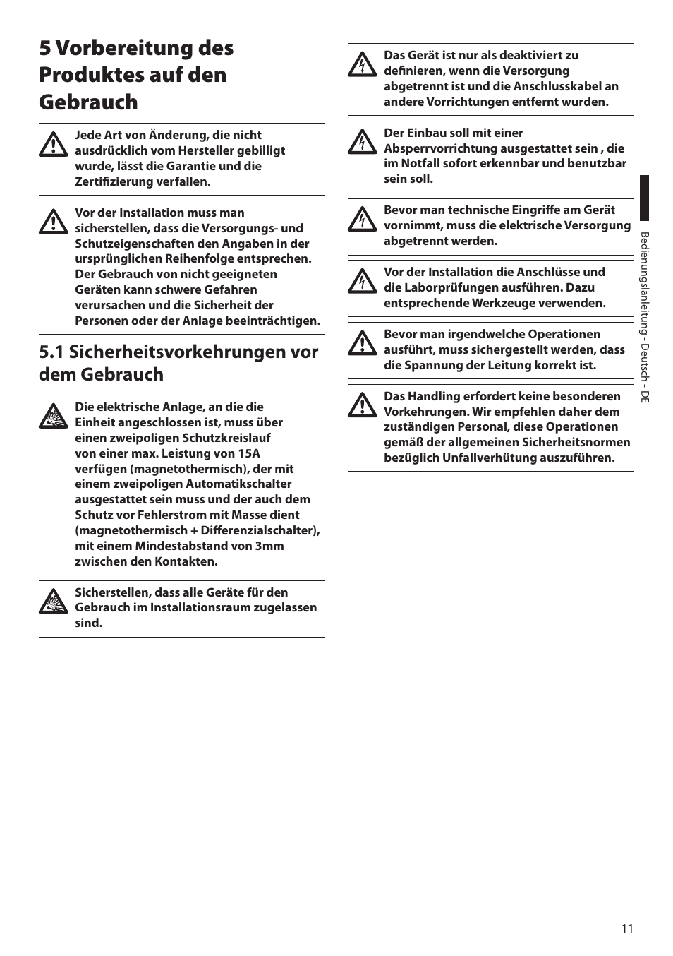 5 vorbereitung des produktes auf den gebrauch, 1 sicherheitsvorkehrungen vor dem gebrauch | Videotec MAXIMUS MPXT User Manual | Page 283 / 454